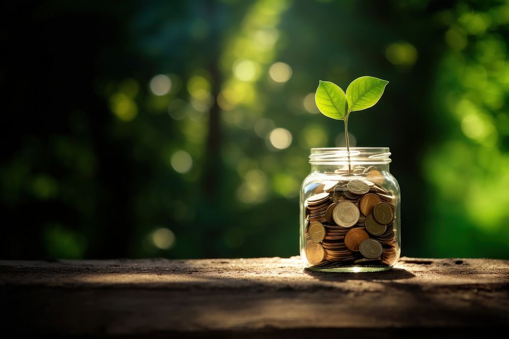 photo of coins in a mason jar, with a small sprout. 