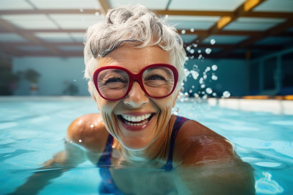 Mature woman swimming recreation retirement. 