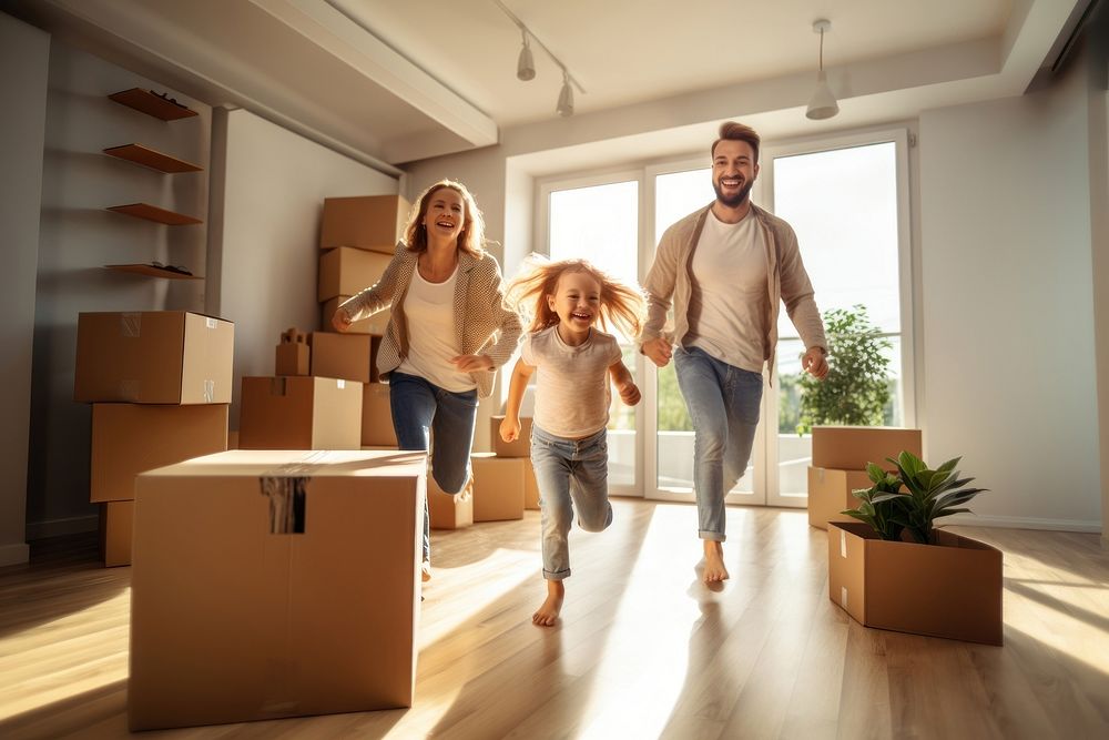 Happy family child adult box. 