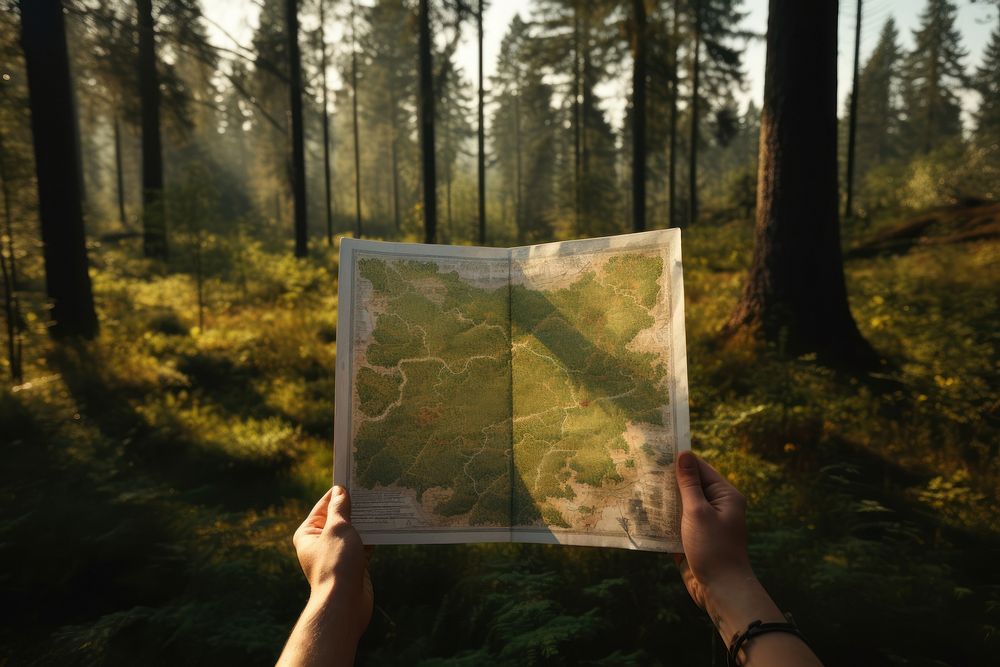 Hands holding map forest outdoors woodland. 