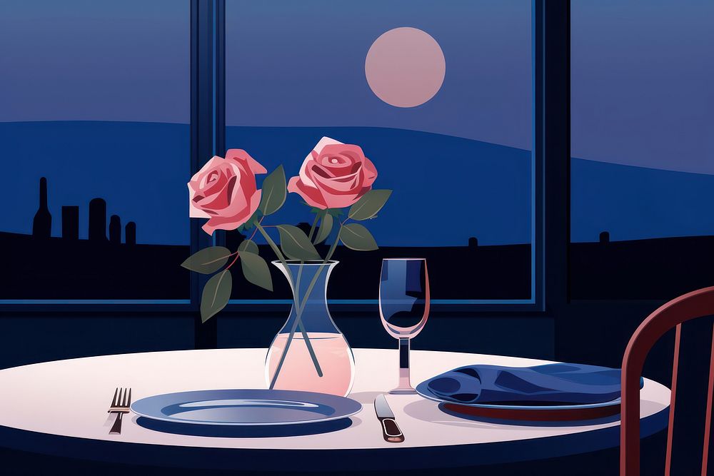 Rose vase table night architecture. AI generated Image by rawpixel.