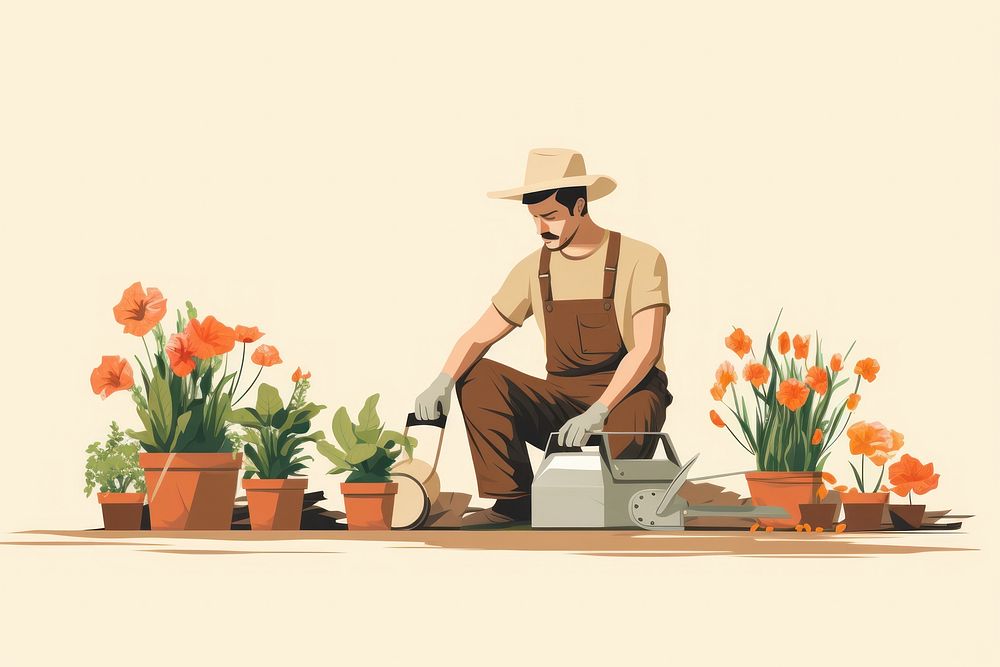 Adult brearded man gardener gardening outdoors flower. AI generated Image by rawpixel.