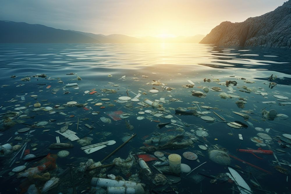 Waste ocean pollution sunlight. AI generated Image by rawpixel.