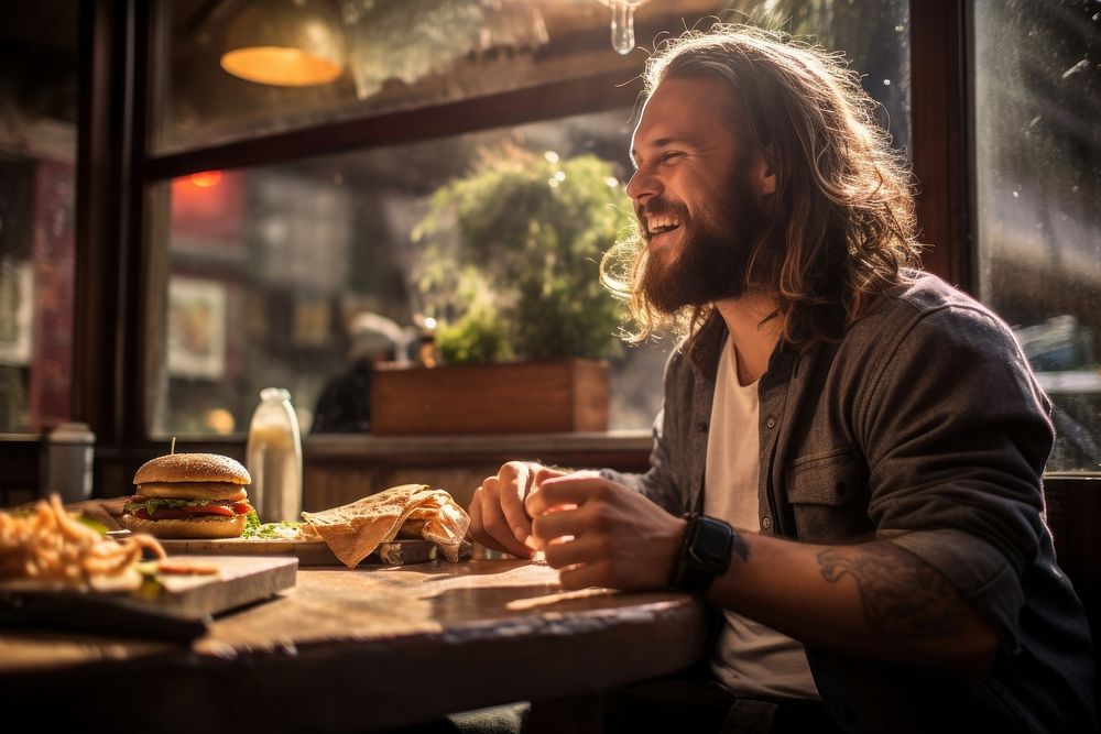 Burger eating food contemplation. AI generated Image by rawpixel.