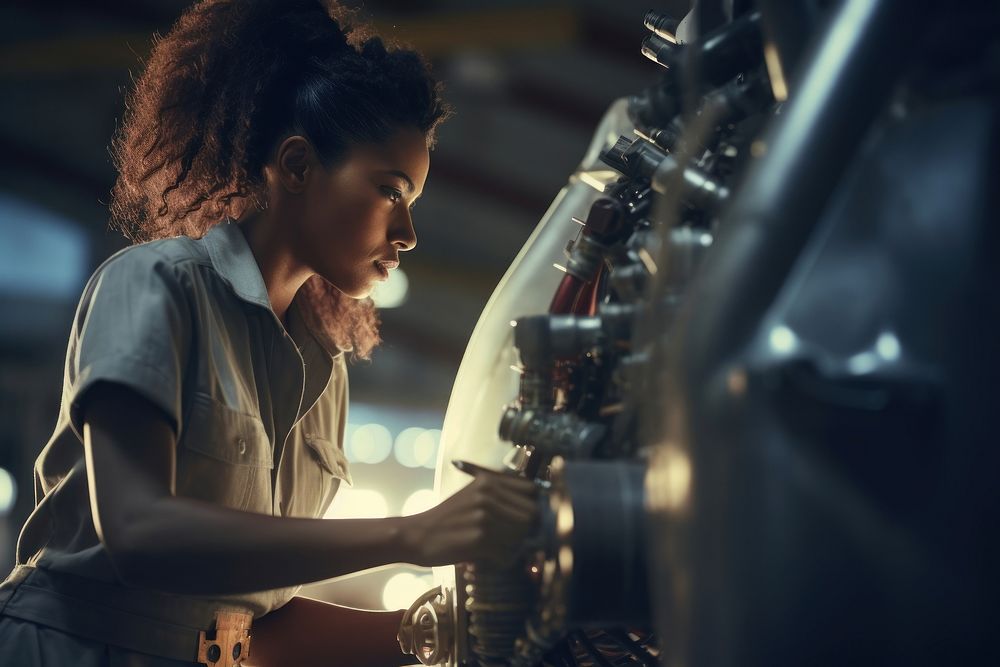 Engineer fixing factory adult woman. 