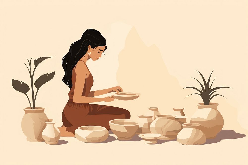 Young woman ceramists making pottery adult cross-legged. AI generated Image by rawpixel.