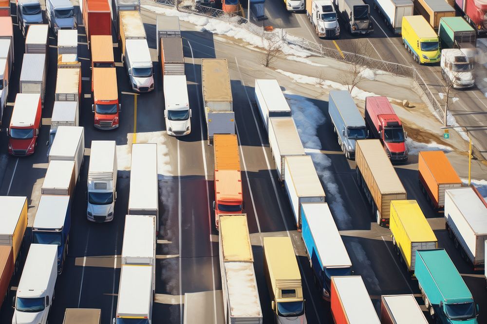 Highway filled with colorful trucks outdoors vehicle road.