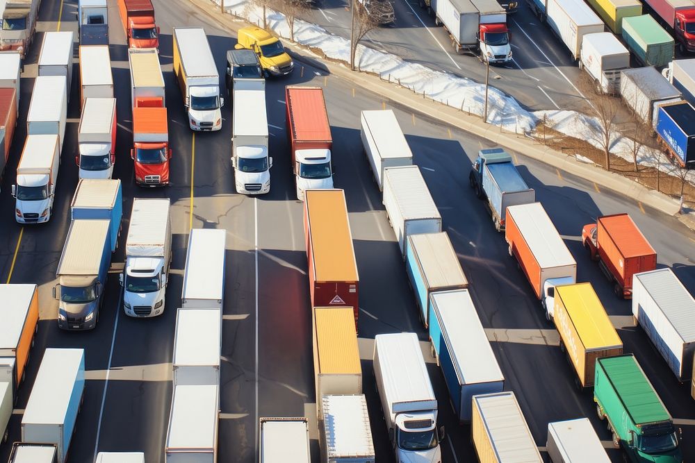 Highway filled with colorful trucks outdoors vehicle road.