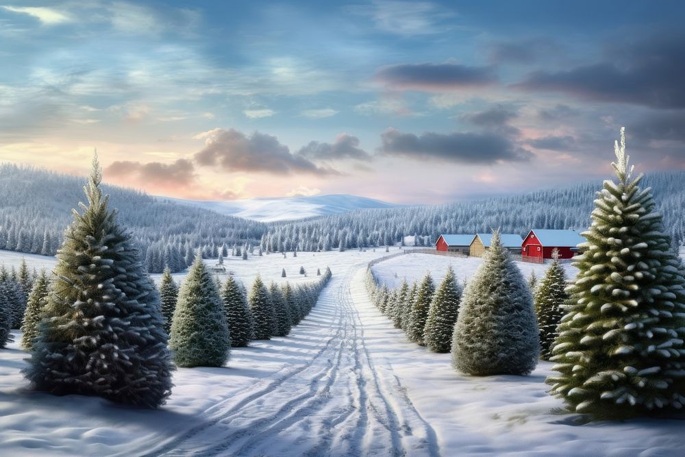 A Christmas tree farm christmas snow landscape. AI generated Image by rawpixel.