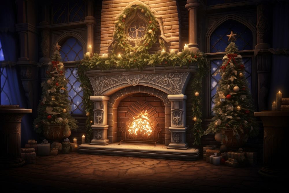 Christmas fireplace hearth architecture illuminated. AI generated Image by rawpixel.