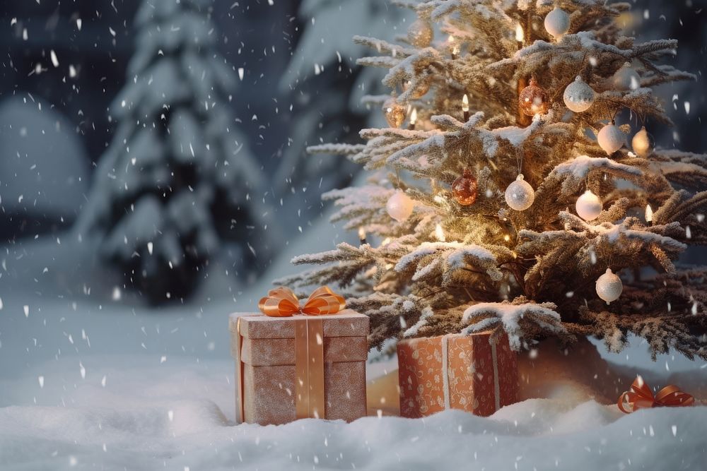 Christmas tree plant snow illuminated.