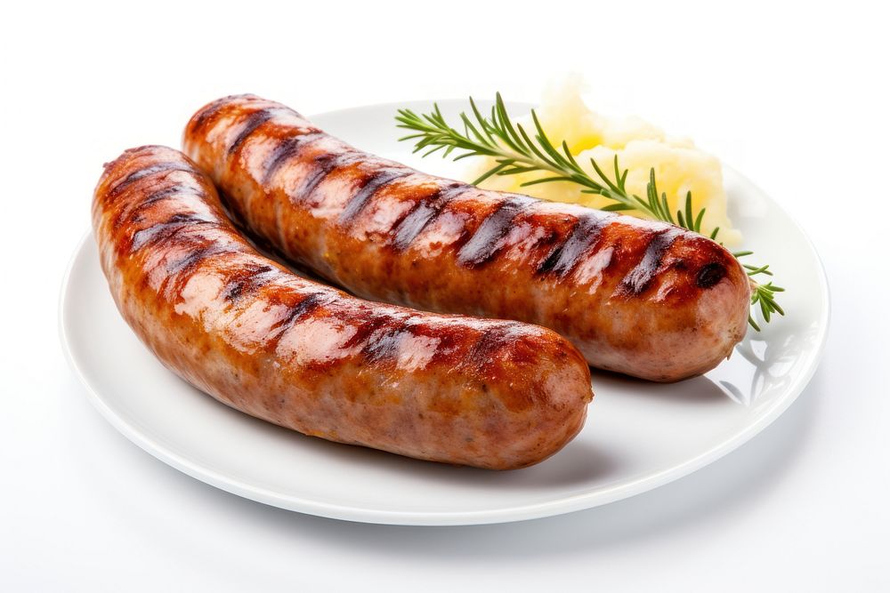 Grilled German pork sausages bratwurst grilled plate. AI generated Image by rawpixel.