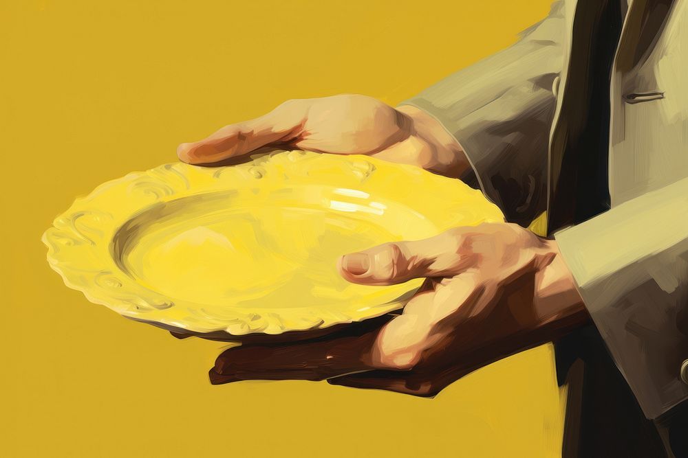 Hands holding a plate yellow hand food. 