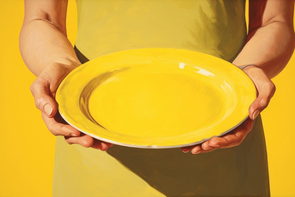 Hands holding a plate yellow hand food. 