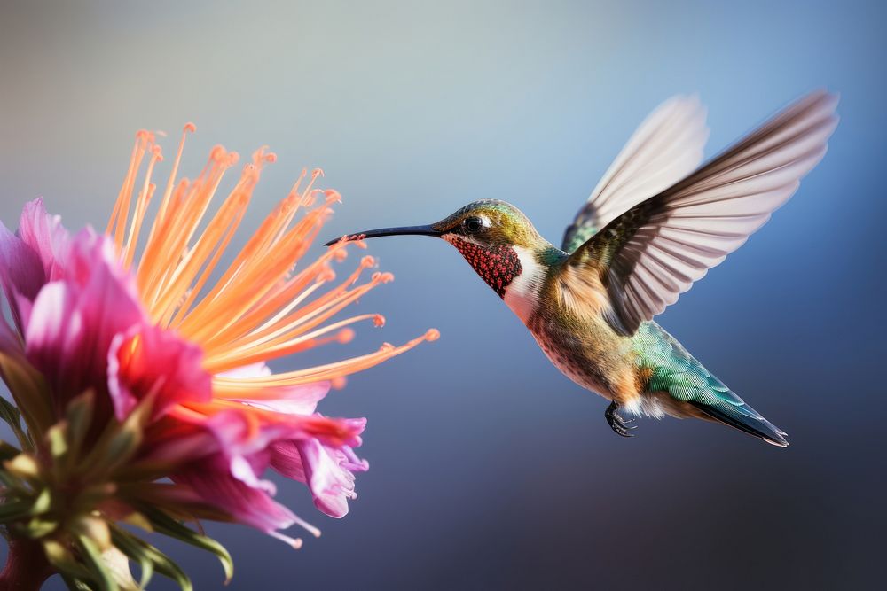 Hummingbird feeding animal flower beak. AI generated Image by rawpixel.