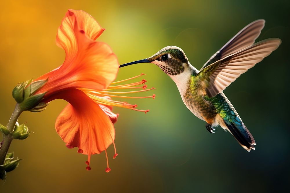 Hummingbird feeding flower animal petal. 