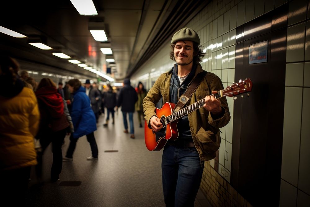 Musician subway station busking. AI generated Image by rawpixel.