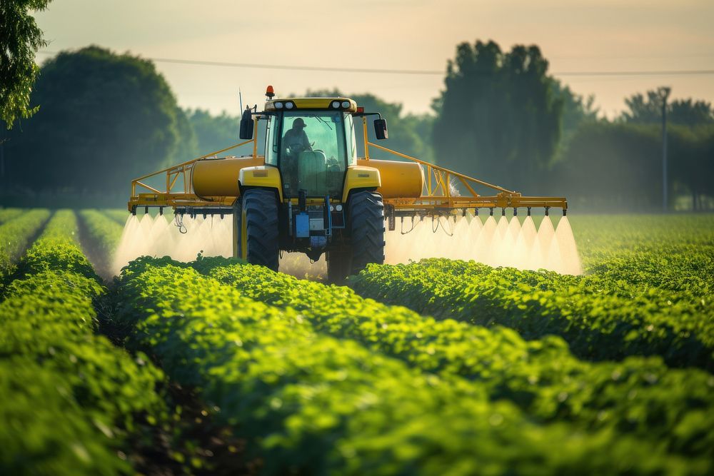 Tractor spraying field farm agriculture. AI generated Image by rawpixel.