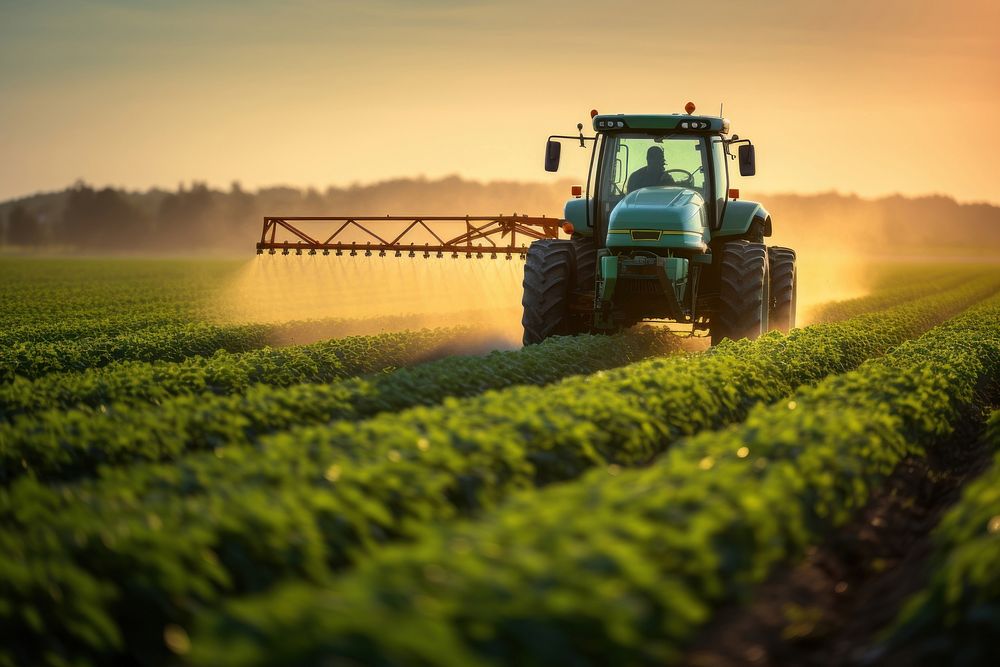 Tractor spraying field agriculture outdoors. 