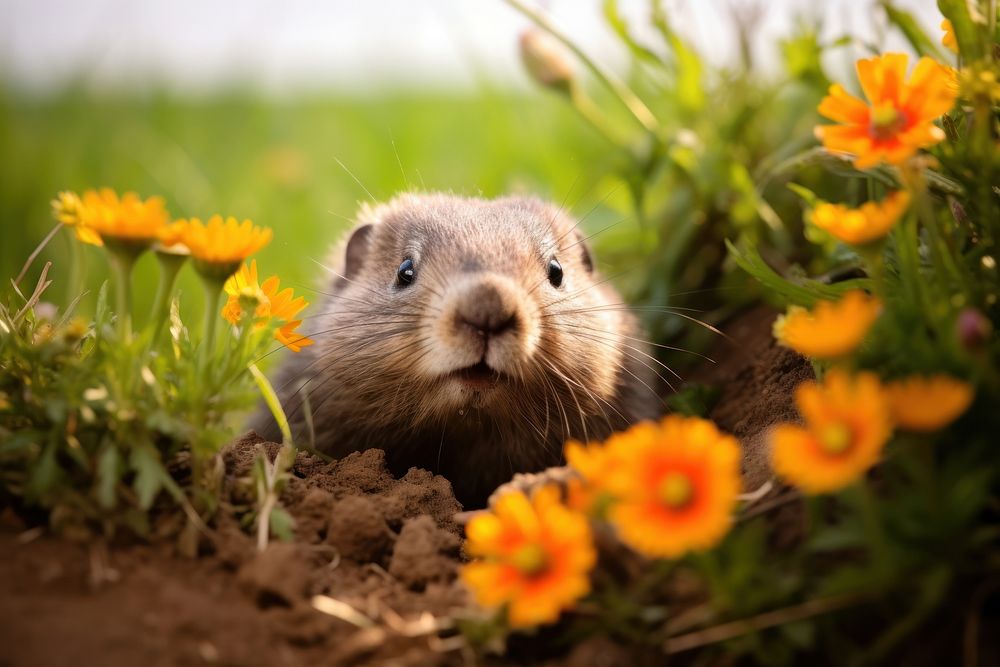 Groundhog Cutely Emerges flower outdoors animal. AI generated Image by rawpixel.