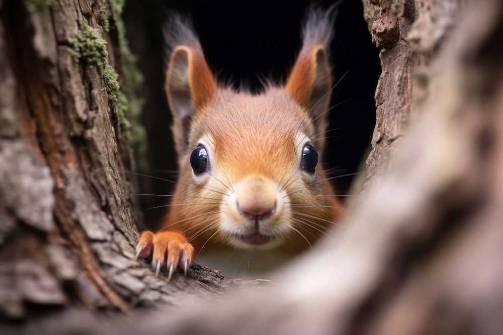 Red squirrel peeking rodent animal mammal. AI generated Image by rawpixel.
