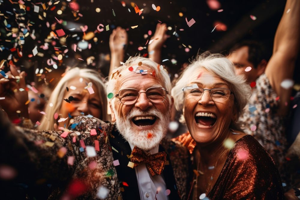 Diverse senior people party laughing confetti adult. 