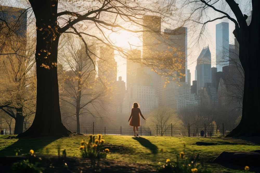 Morning light central park community downtown. 