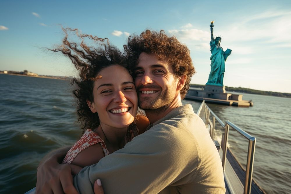 Couple selfie ferry portrait. AI generated Image by rawpixel.