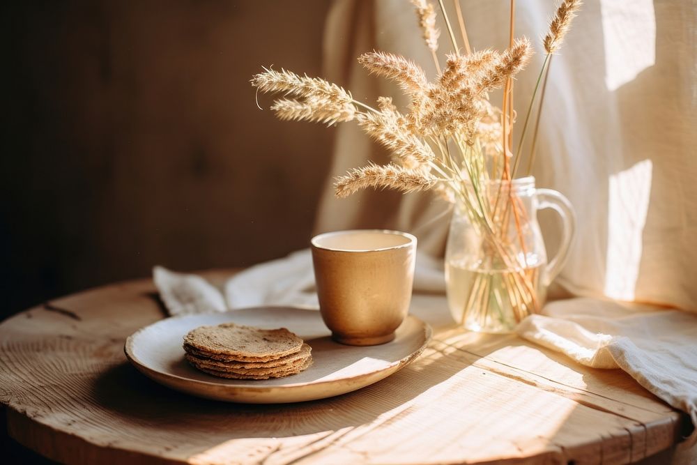 A wooden table food bread cup. AI generated Image by rawpixel.