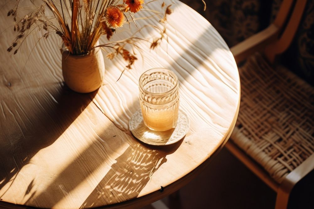 A wooden table furniture lighting shadow. 