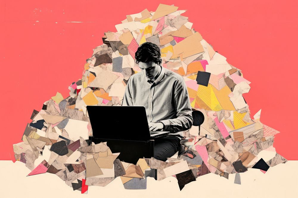 Man using laptop art computer collage. 