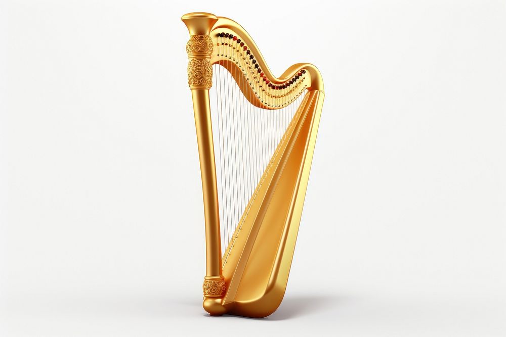 Golden harp white background performance clàrsach. AI generated Image by rawpixel.