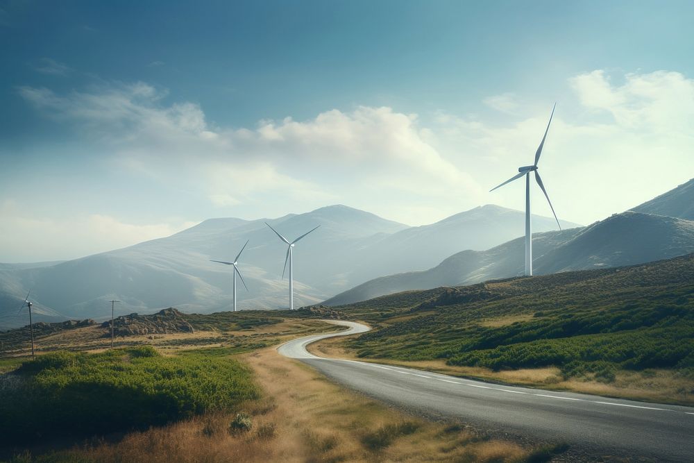 Landscape mountain turbine road windmill. AI generated Image by rawpixel.