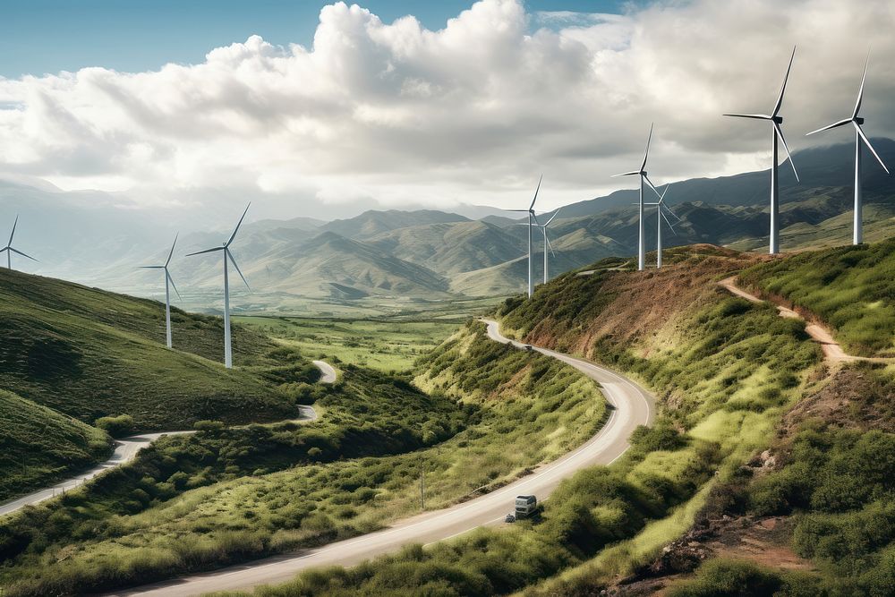 Landscape mountain outdoors windmill turbine. AI generated Image by rawpixel.