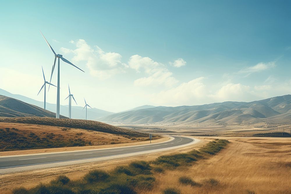 Landscape mountain road outdoors windmill. 