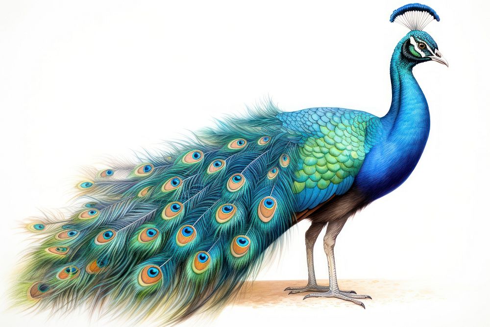 Indian peafowl spreading tail bird peacock drawing. AI generated Image by rawpixel.