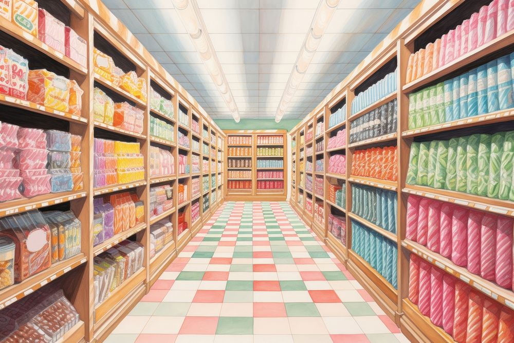 Candy aisle supermarket backgrounds architecture. 