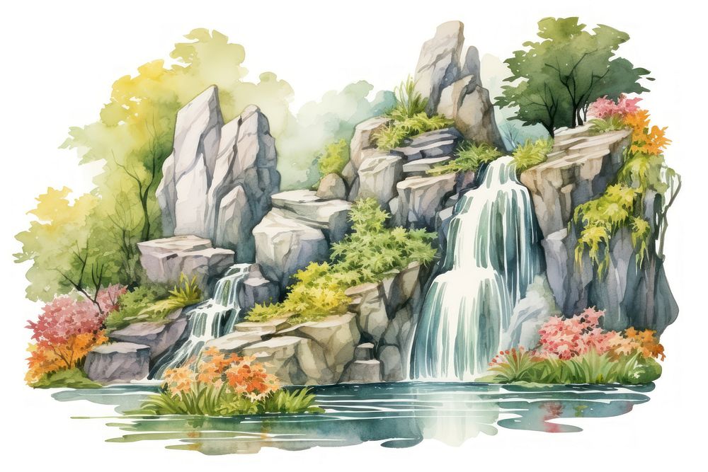 Waterfall painting outdoors nature. AI generated Image by rawpixel.