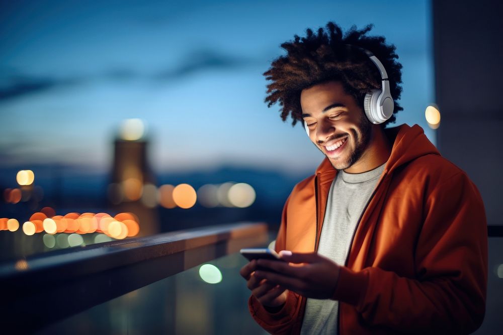 Happy young man african american listening adult night. 