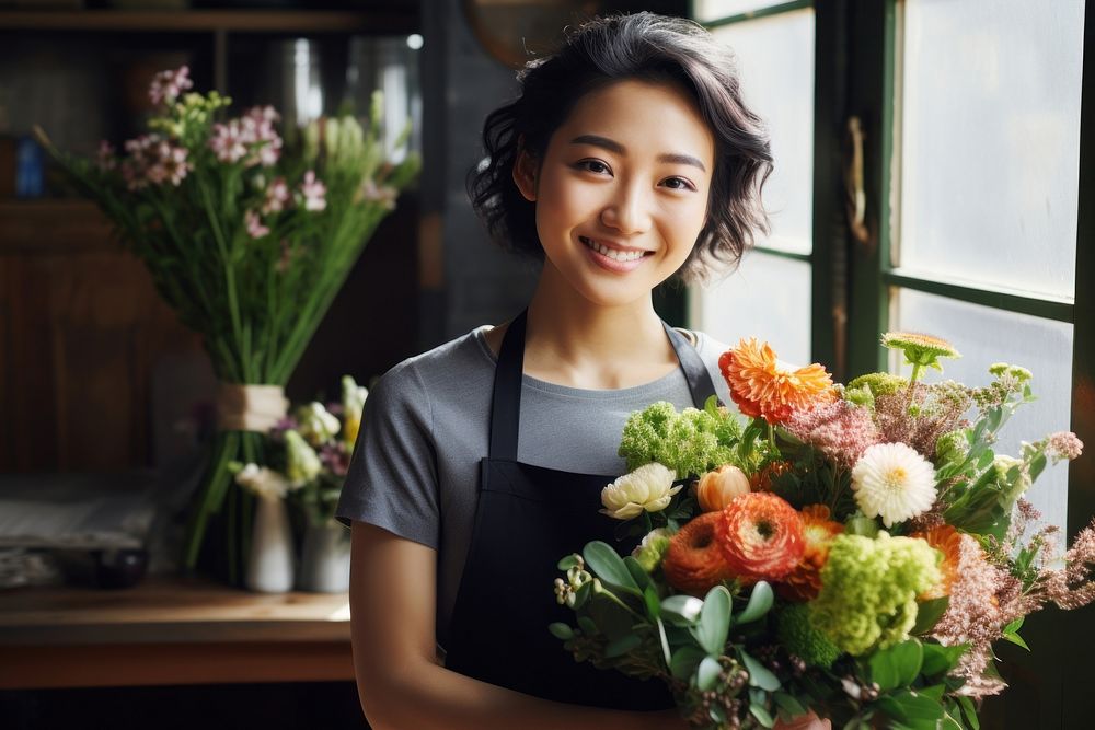 Florist flower smiling apron. AI generated Image by rawpixel.