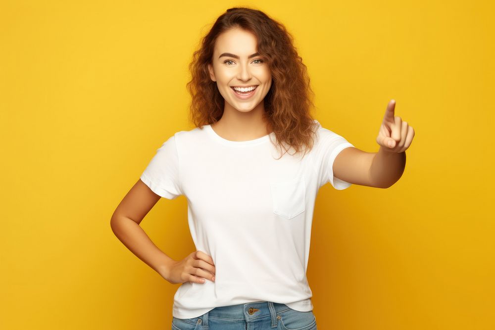 Pointing hand portrait smiling. AI generated Image by rawpixel.