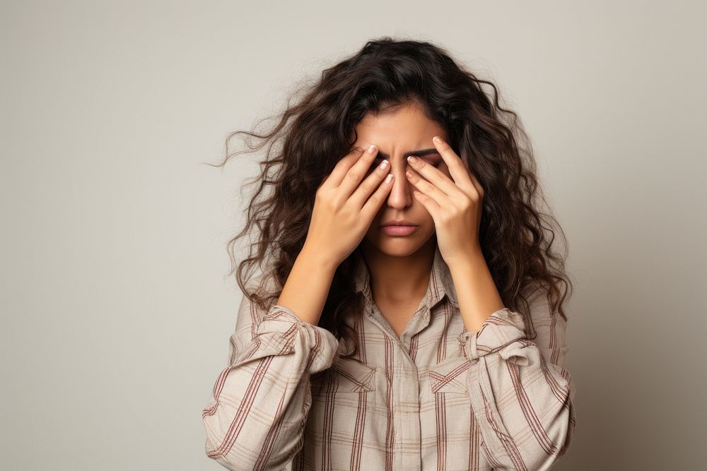Hispanic woman frustration worried tired. AI generated Image by rawpixel.