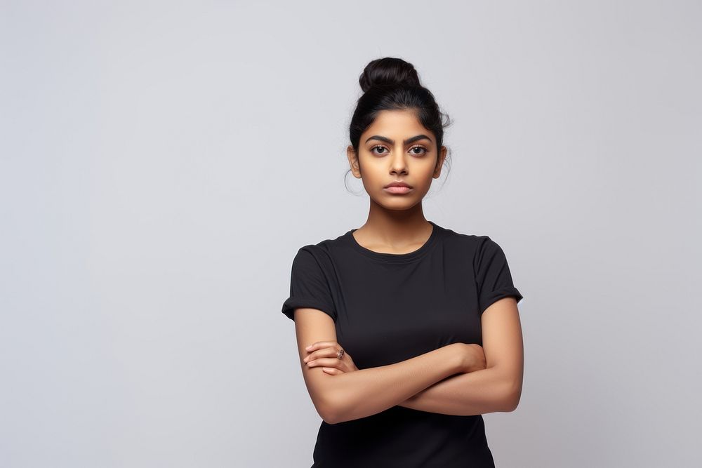 Indian woman portrait t-shirt serious. AI generated Image by rawpixel.