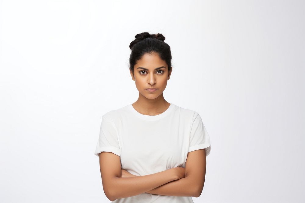 Indian woman portrait t-shirt serious. AI generated Image by rawpixel.
