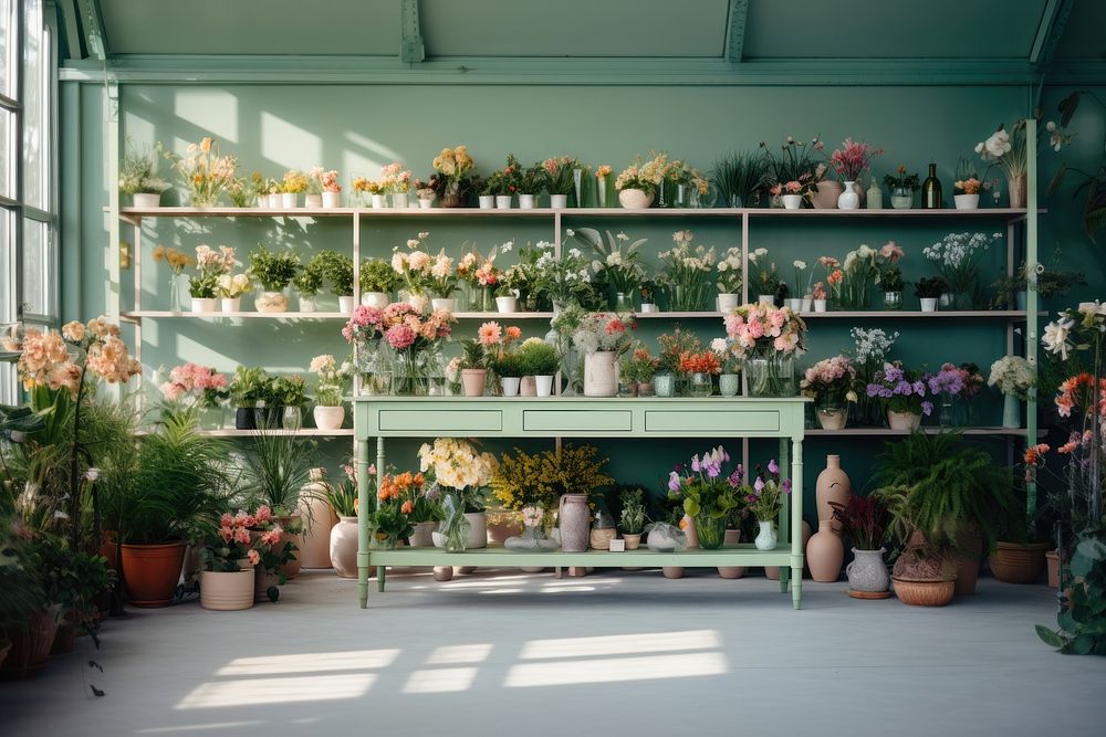 Flower shop greenhouse nature shelf. AI generated Image by rawpixel.