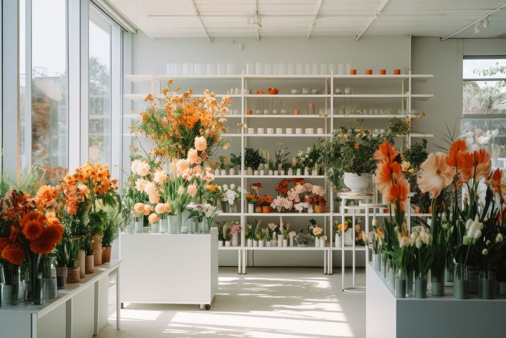 Flower shop greenhouse shelf plant. 