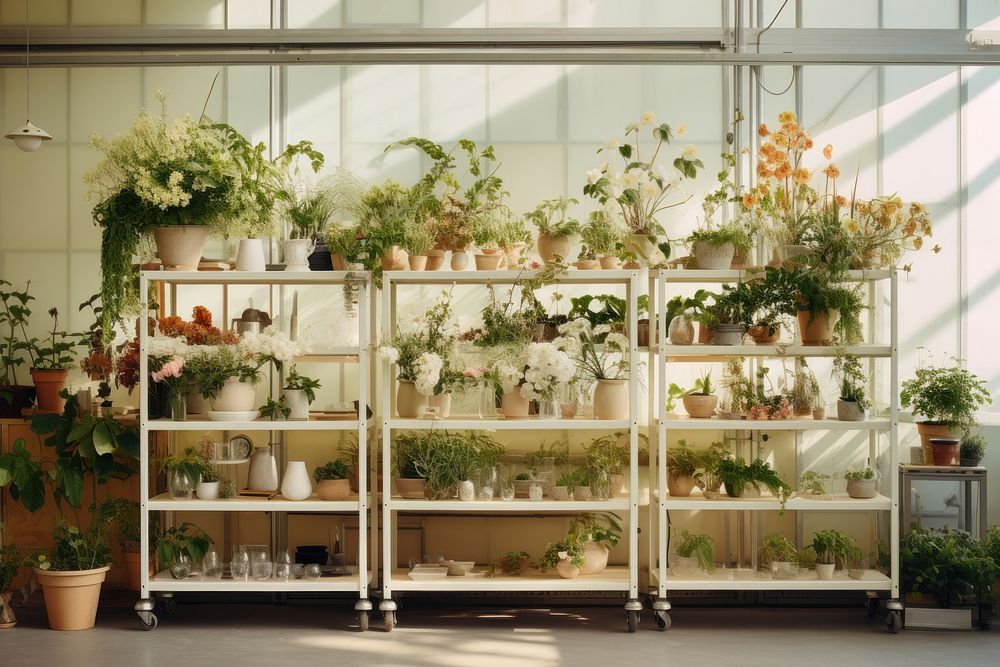 Flower shop shelf greenhouse plant. AI generated Image by rawpixel.