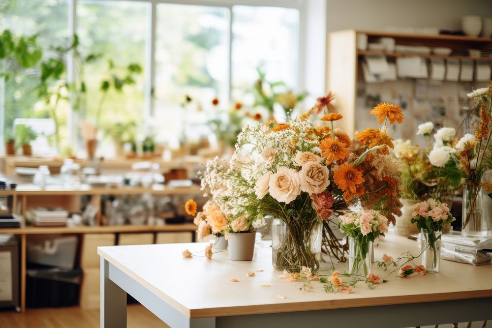 Flower shop table furniture plant. 