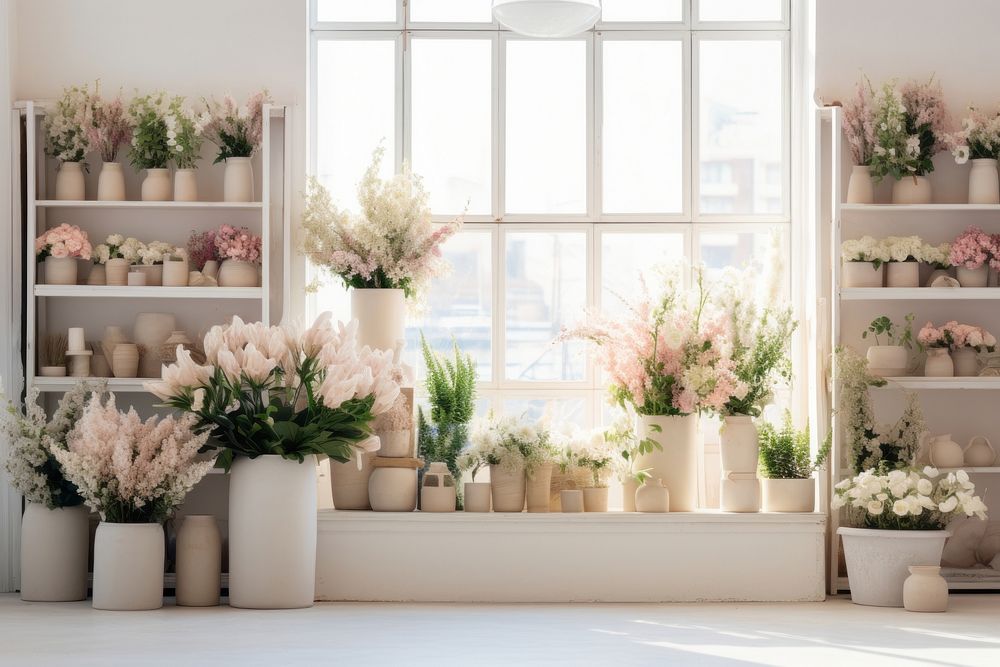 Flower shop window shelf plant. 