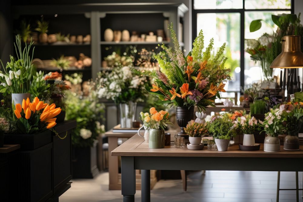 Flower shop table plant entrepreneur. 